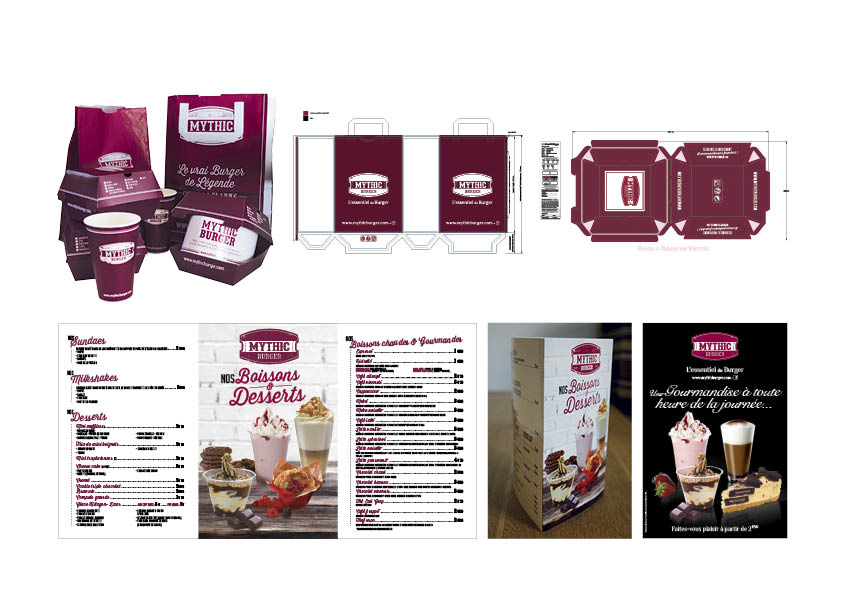 Packaging affiche et triptyque restaurant pour Mythic Burger