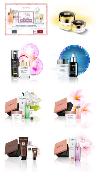 Présentation de packs de produits de beauté.